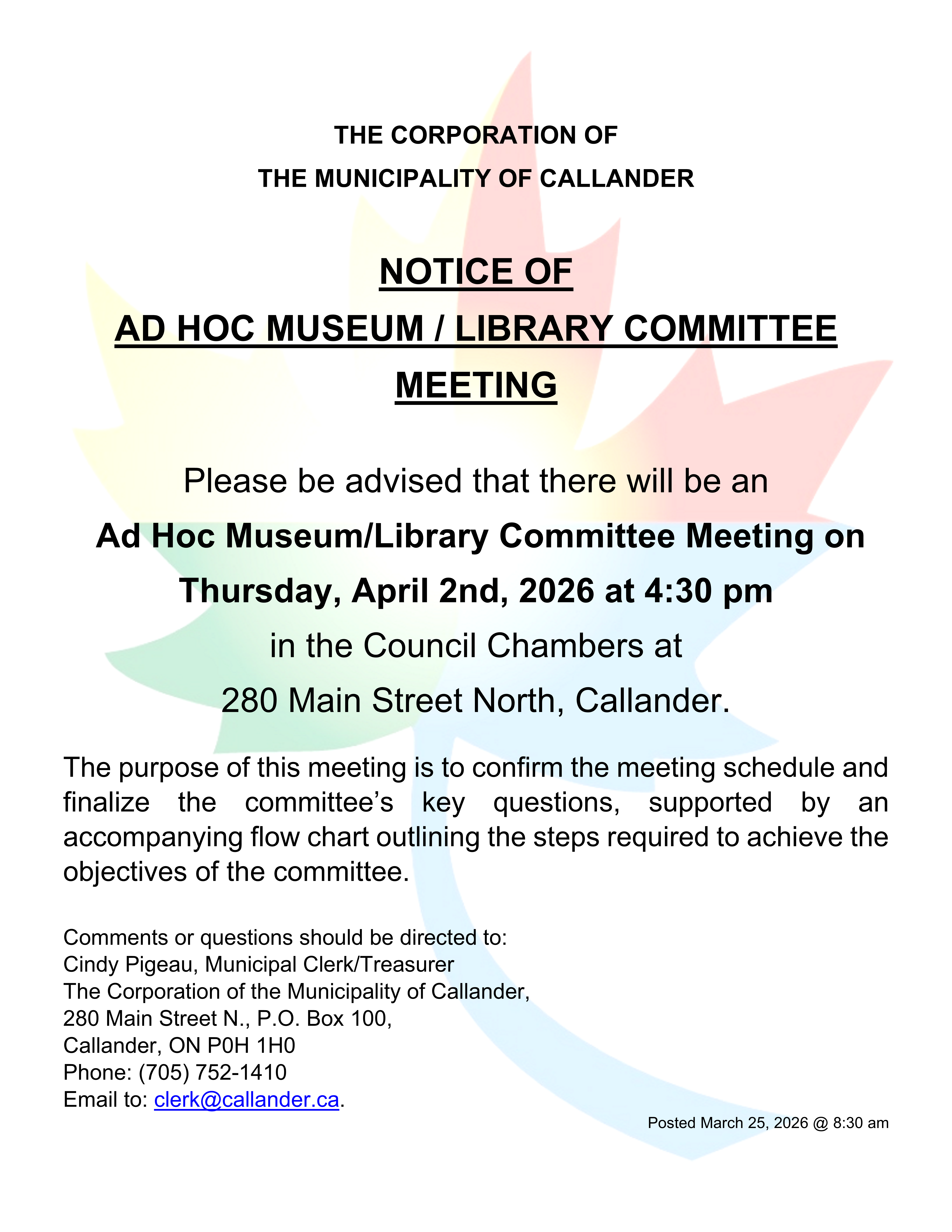 Notice of Ad Hoc Museum/Library Committee Meeting